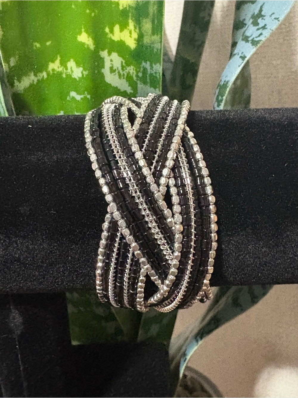 Black and Silver Braided Beaded Stretch Bracelet